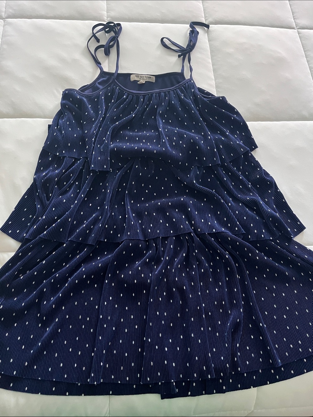 Tiered Navy Blue Spaghetti-Strap Dress with White Dot Print